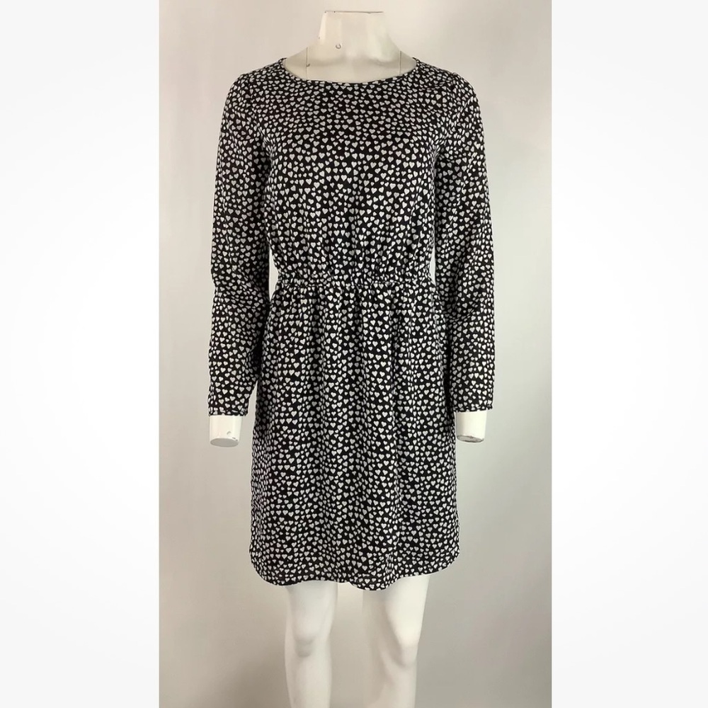 J. Crew Sz 2 Heart Print Tulip Hem Fit & Flare Dress Black White Polyester